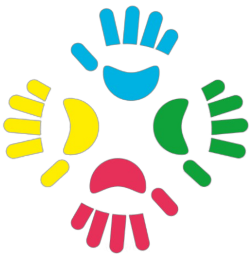 Children's Initiative Logo consisting of four handprints pointing top blue, right green, bottom red, left yellow